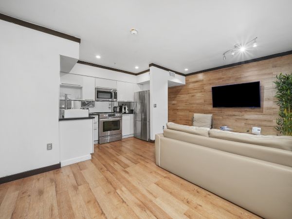 Cozy open-concept living area with a modern kitchen, light hardwood floors, beige sofa, wall-mounted TV, and a wood-accent wall featuring a tall plant.