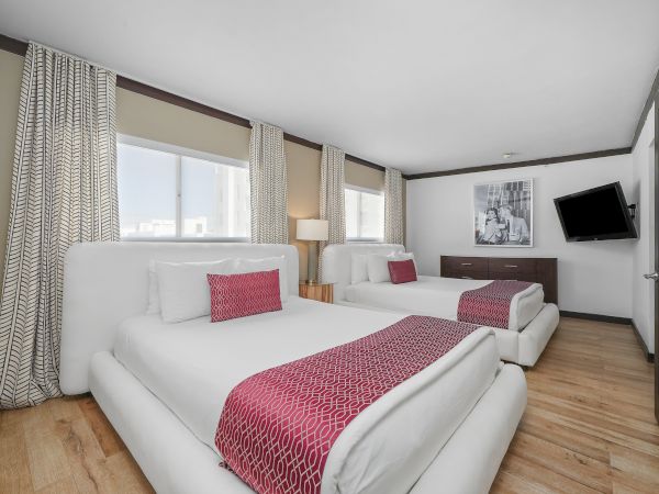 Two white beds with pink runners and pillows in a bright hotel room, a wall-mounted TV, a desk, and sheer curtains by large windows. End.