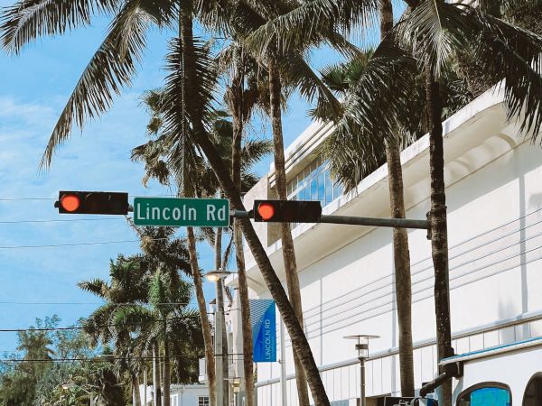A sunny street scene with tall palm trees, traffic lights, and a &ldquo;Lincoln Rd&rdquo; sign beside parked cars and a bus.